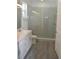 Modern bathroom with white vanity, large shower, and grey wood-look floor at 3915 W Robson St, Tampa, FL 33614