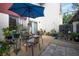 Relaxing patio with table, chairs, umbrella, and lush plants at 1827 Pine Cone Cir, Clearwater, FL 33760