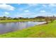 Serene waterfront view with lush green grass and trees at 3632 Bellmeade Ct, Wesley Chapel, FL 33543