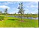 Landscaped backyard with pond view and lush greenery at 3632 Bellmeade Ct, Wesley Chapel, FL 33543