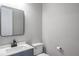 Modern bathroom with blue vanity, black matte fixtures and white countertop at 2612 Leafwing Ct, Palm Harbor, FL 34683