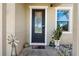 Modern front door entrance with welcome mat and potted plants at 5434 Sandy Shell Dr, Apollo Beach, FL 33572