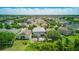 Aerial view of a neighborhood highlighting a gray house with a backyard patio and green surroundings at 12013 Whistling Wind Dr, Riverview, FL 33579