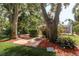 Landscaped backyard with mature trees and a patio area at 1860 Painted Bunting Cir, Palm Harbor, FL 34683