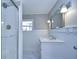 Modern bathroom featuring white vanity, quartz countertop, and a walk-in shower at 39053 Flora Ave, Zephyrhills, FL 33542