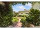 Charming yellow house framed by lush greenery, flowers, and a welcoming pink walkway in the front yard at 2501 Rustic Oaks Dr, Lutz, FL 33559
