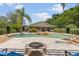 Beautiful pool view from backyard featuring a fire pit and lush tropical landscaping at 2501 Rustic Oaks Dr, Lutz, FL 33559