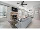 Bright living room featuring a fireplace, modern ceiling fan, and lots of natural light at 3020 Bonaventure Cir # 102, Palm Harbor, FL 34684