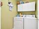 Bright laundry room with washer, dryer, and overhead cabinets at 1687 Starling Drive, Tarpon Springs, FL 34689