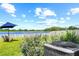 Lake view backyard with patio furniture and umbrella at 15410 Miller Creek Dr, Ruskin, FL 33573