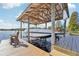 Covered boat lift on a spacious wooden dock at 423 E County Line Rd, Lutz, FL 33549