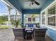 Relaxing covered patio with wicker furniture, ceiling fan, and view of the backyard at 509 Manns Harbor Dr, Apollo Beach, FL 33572