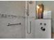 Shower with multiple shower heads and pebble tile detail at 2217 Platinum Dr, Sun City Center, FL 33573