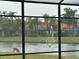 Scenic lake view with fountain and deer visible from screened enclosure at 3921 Mimosa Pl, Palm Harbor, FL 34685