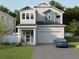 Two-story home with gray siding, blue accents, and a two-car garage at 3801 71St N St, St Petersburg, FL 33709