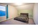 Bright bedroom with window, teal curtains, and carpeted floor at 7465 Yale Harbor Dr, Wesley Chapel, FL 33545