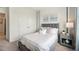 Guest bedroom with a gray upholstered bed and double door closet at 32638 Rustic Rise Rd, San Antonio, FL 33576