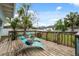 Relax on the wooden deck with lounge chairs, surrounded by a lush yard with tropical trees at 3918 W Fig St, Tampa, FL 33609
