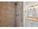 Accessible bathroom features a tile shower with grab bars, vanity, and updated lighting at 3918 W Fig St, Tampa, FL 33609