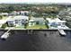 Aerial view of the waterfront community, highlighting docks, pools, and proximity to the water at 560 Riviera Dr, Tampa, FL 33606
