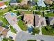 Aerial view of a residential neighborhood showcasing a house with a pool at 2012 Fern Ridge Ct, Holiday, FL 34691