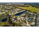 Wide aerial view of a neighborhood with houses and a pond at 24839 Panacea Ct, Lutz, FL 33559