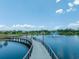 Scenic view of a lake with a walking bridge, fountain, and lush greenery at 4316 Carrollwood Village Dr, Tampa, FL 33618