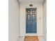 Stylish dark blue front door with a mushroom doormat at 4522 Bay Spring Ct, Tampa, FL 33611