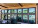 Large windows reflecting a pool and community view from a covered patio at 31210 Pendleton Landing Cir, Wesley Chapel, FL 33545