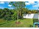 Fenced backyard with lush green grass and landscaping including a young shade tree at 34 Concord Dr, Dunedin, FL 34698