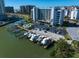 Aerial view of building, parking, and boat slips at 1591 Gulf Blvd # 504S, Clearwater Beach, FL 33767