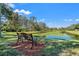 Serene view of a pond with lush greenery and a bench at 5843 Justicia Loop, Land O Lakes, FL 34639