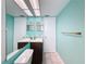 Bathroom with teal walls, double vanity, and a granite countertop at 8015 Idlebriar Ln, Port Richey, FL 34668