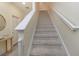 Carpeted staircase with white railings leading to the upper level at 7013 Summer Holly Pl, Riverview, FL 33578