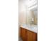 Clean bathroom with wood cabinets, quartz countertop, and a large mirror at 12303 Foxmoor Peak Dr, Riverview, FL 33579