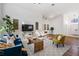 Inviting living room with a plush blue sofa, patterned rug, and stylish decor at 35608 Welby Ct, Zephyrhills, FL 33541