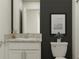 Modern bathroom with dark-colored walls and white vanity at 32109 Spiceberry St, San Antonio, FL 33576