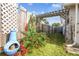 Cozy backyard with lush greenery, featuring a chiminea and a wooden fence, providing a serene outdoor space at 3529 Windham Dr, Holiday, FL 34691