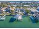 Drone view of waterfront property with private dock and pool at 54 Midway Is, Clearwater Beach, FL 33767