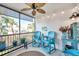 Screened lanai with ceiling fan, comfortable seating, and lush greenery view at 460 Paula S Dr # 101, Dunedin, FL 34698