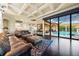 Relaxing living room with pool view, leather furniture, and hardwood floors at 8376 Catamaran Cir, Lakewood Ranch, FL 34202