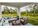 Relaxing covered patio with sectional sofa and chairs, overlooking a grassy backyard at 3430 Sarto Ln, Rotonda West, FL 33947