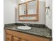 Bathroom with granite countertop, wood cabinets and a sink at 11114 Lake Sassa Dr, Thonotosassa, FL 33592