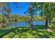 Lakefront backyard with lush trees and grassy area at 11302 Temperley Pl, Tampa, FL 33625