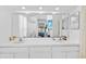Well-lit bathroom with double vanity and a large mirror reflecting the shower at 1202 Sawdust Ct, Valrico, FL 33596