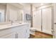 Modern bathroom featuring a walk-in shower, vanity, and wood-look tile flooring at 21291 Snowy Orchid Ter, Land O Lakes, FL 34637