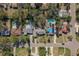 Aerial view of a residential neighborhood with houses, pools, and lush landscaping at 1453 Turner St, Clearwater, FL 33756