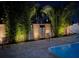 Backyard oasis with a pool, lush landscaping, and modern wood fencing at night at 1449 Kaffir Lily Ct, Trinity, FL 34655