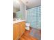 Clean bathroom with wood cabinets, chevron shower curtain, and wood-look floors at 25028 Hyde Park Blvd, Land O Lakes, FL 34639
