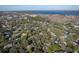 Expansive aerial view of a residential area with lush greenery and a lake in the distance at 506 Lennox W Rd, Palm Harbor, FL 34683